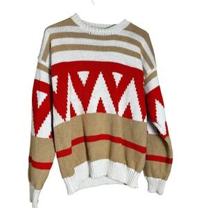 Vintage Claiborne Cotton Sweater Red‎ White Tan Aztec Geometric Pattern Medium